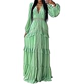 LAJIOJIO Long Dresses for Women Wedding Guest Elegant,Deep V Neck Puff Long Sleeve Evening Maxi Dress