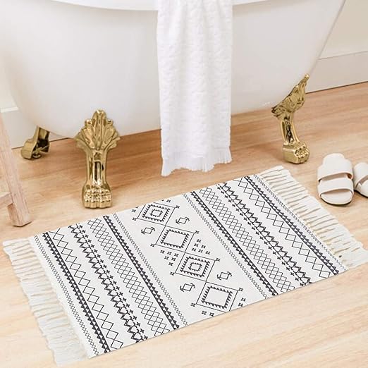 Amazon Com Boho Small Bathroom Rug Pattern Cream Black Moroccan Bath Mat 2 X3 Cotton Woven Tassel Throw Rug Nordic Fringe Area Rug For Bedroom Kitchen Doorway Laundry Geometric Printed Washable Kitchen Dining