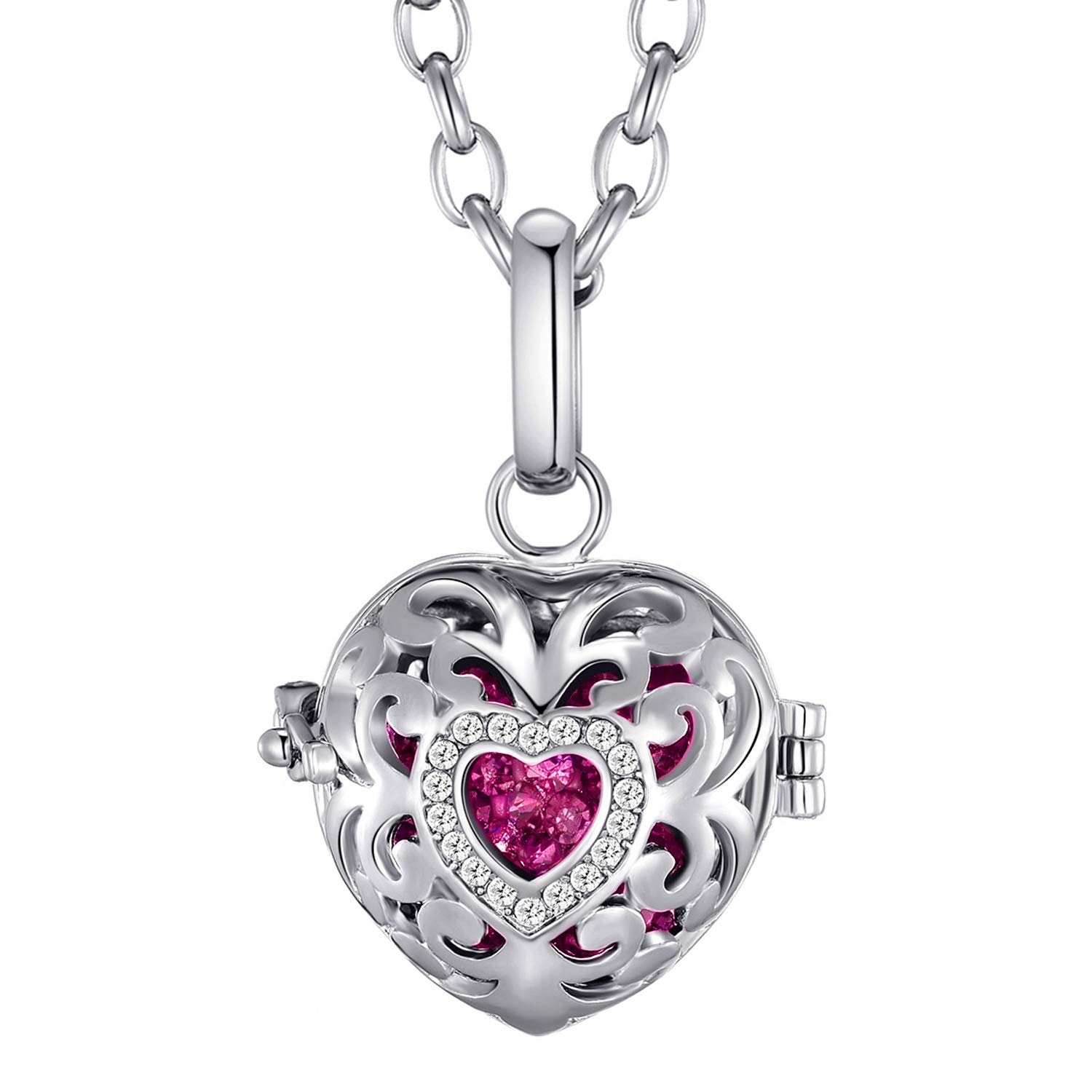 Morella Women Necklace Stainless Steel 70 cm 27,5" with Love Heart Pendant with Sound Ball Zirconia Pink Ø 16 mm 0,63" in a velvet jewelry bag