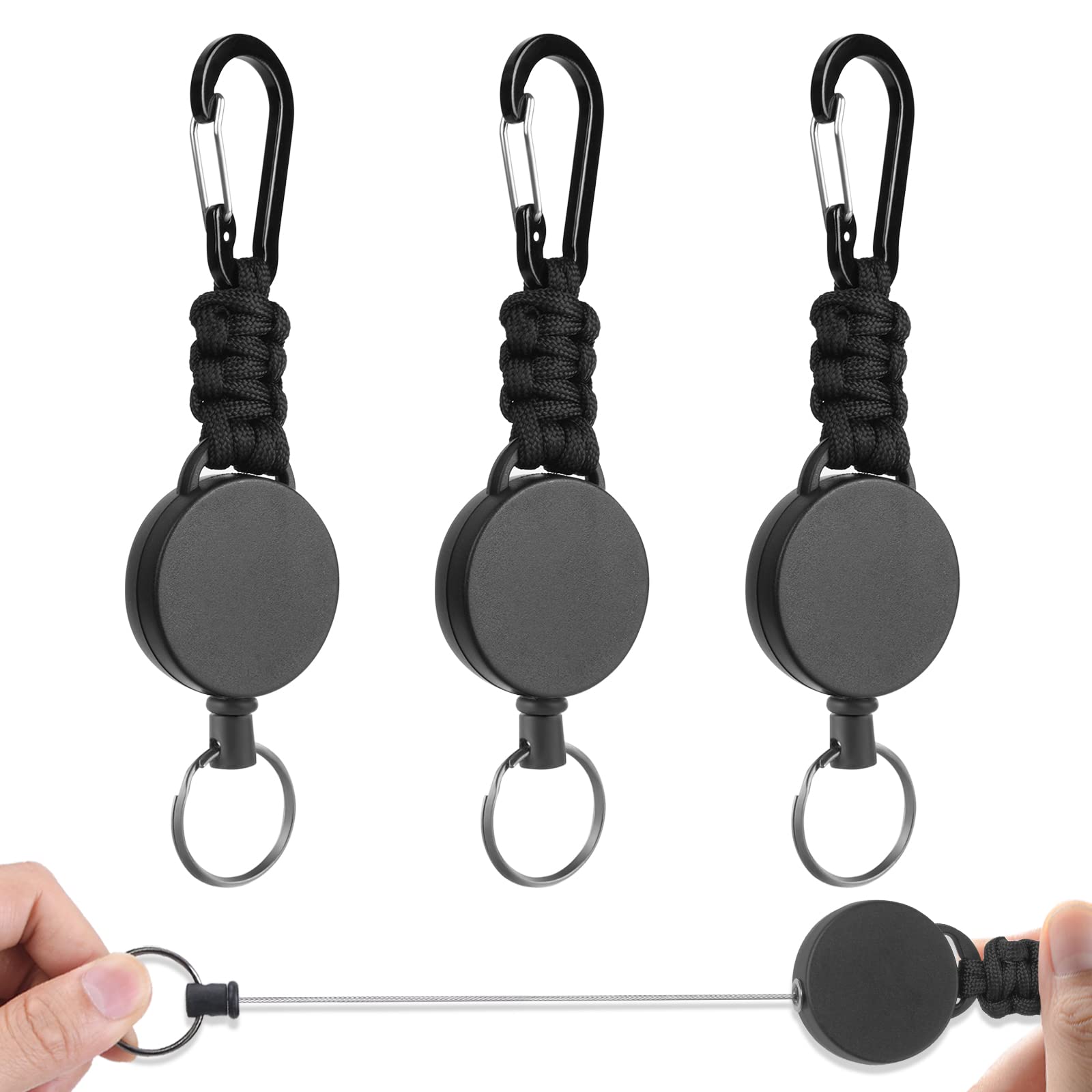 Vicloon Retractable Badge Reel, 3Pcs Retractable Keyring, Heavy Duty Carabiner Keychain Reel Clips Extendable Key Chain with 60cm Extendable Steel Wire for ID Card Holder (Gourd Buckle) Black — image 1