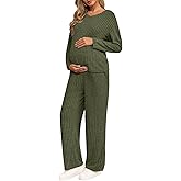 Yousify Womens Maternity Pajamas Sets 2 Piece Outfits Ribbed V Neck Long Sleeve Knit Tops Pants Pregnancy Loungewear