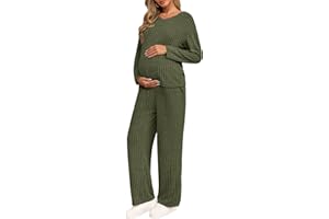 Yousify Womens Maternity Pajamas Sets 2 Piece Outfits Ribbed V Neck Long Sleeve Knit Tops Pants Pregnancy Loungewear