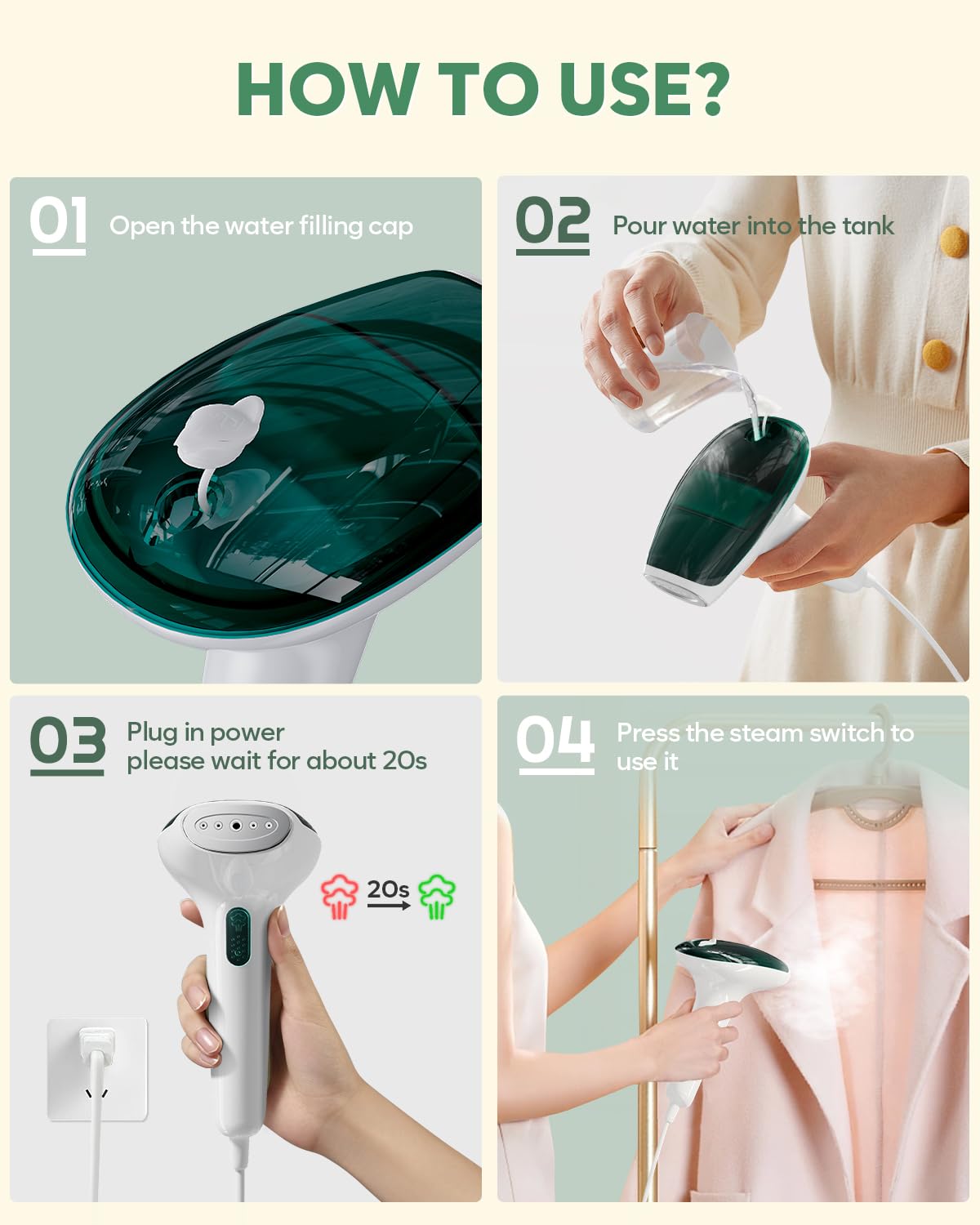 CPWORLD Steamer for Clothes, Portable Mini Travel Garment Steamer, 20-Second Fast Heat-up, Strong Penetrating Steam, Handheld Steamer, Water Cup and Storage Bag Included, for Home, Office and Travel