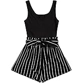 SOLY HUX Women's Summer Sleeveless Belted Tank Romper Short Jumpsuit