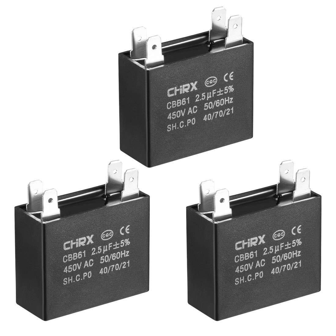sourcing map Ceiling Fan Capacitor CBB61 2.5uF 450V AC Double Insert Metalized Polypropylene Film Capacitors 36.5x16x29.5mm for Water Pump Motor Generator, Pack of 3