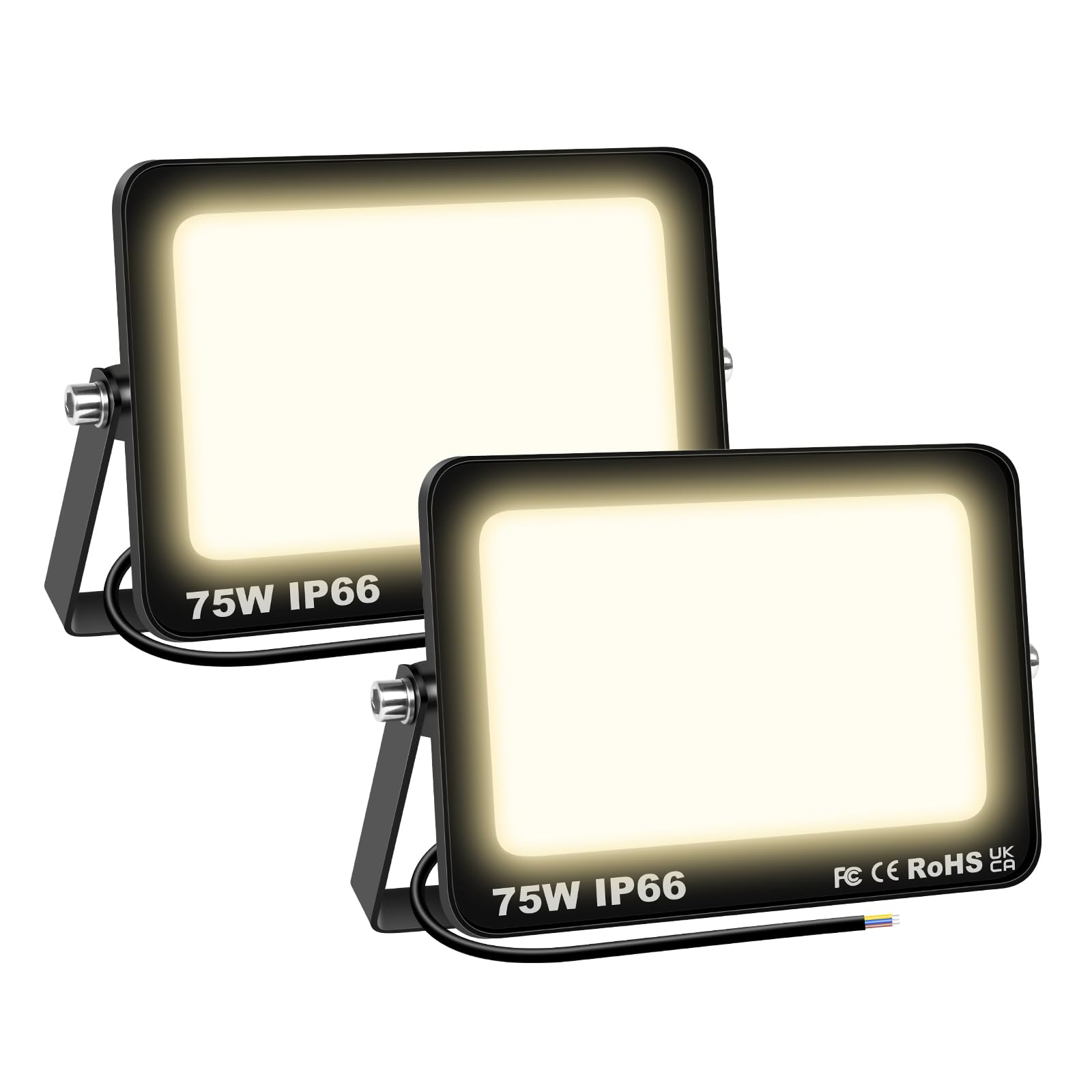 SKYWORLD 2 Pcs 75W Outdoor LED Flood Lights, 7500LM LED Security Lights, IP66 Waterproof, 3000K Daylight Warm White Floodlight Outside Flood Lamp for Garden Garage Yard Lawn Court Patio Warehouse