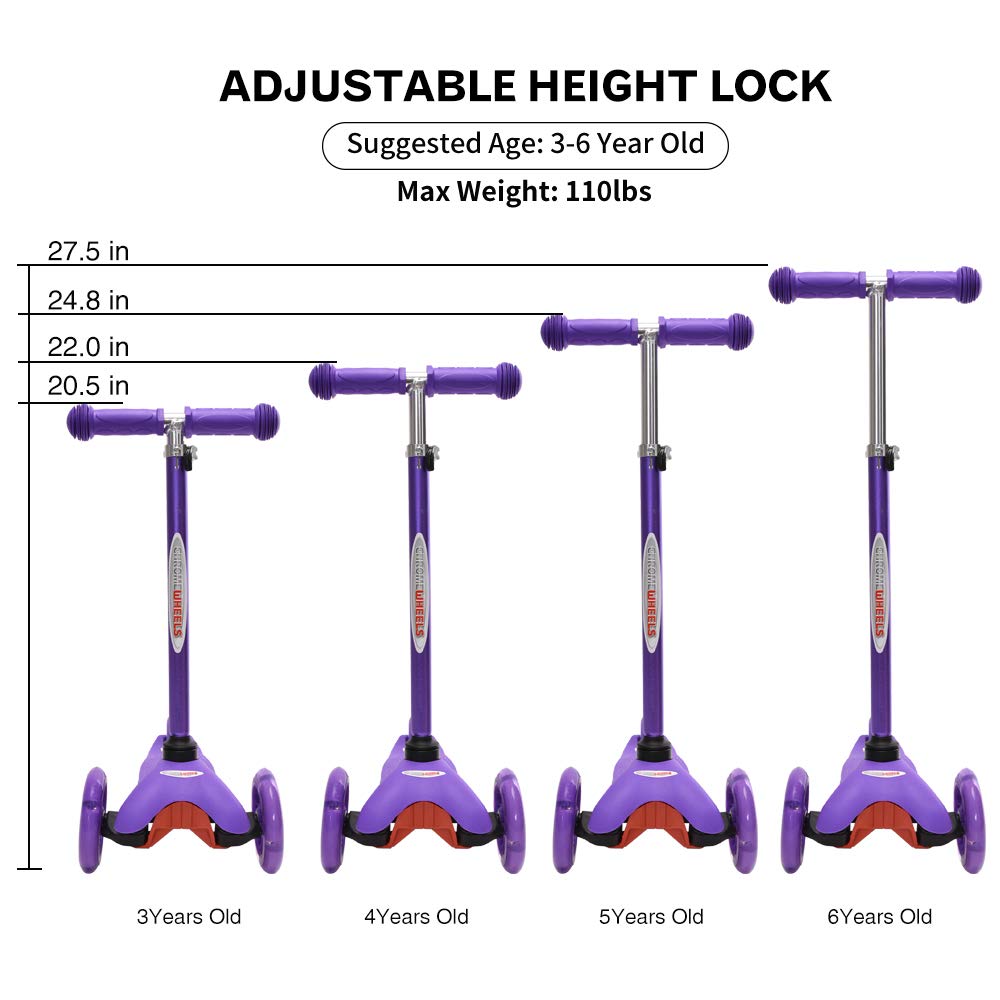 ChromeWheels Mini Scooter for Toddlers, Deluxe 3-Wheeled Scooters for Kids, 4 Adjustable Height Glider with Kick Scooters, Lean-to-Steer with LED Light-Up Wheels for Ages 3-6 Girls Boys