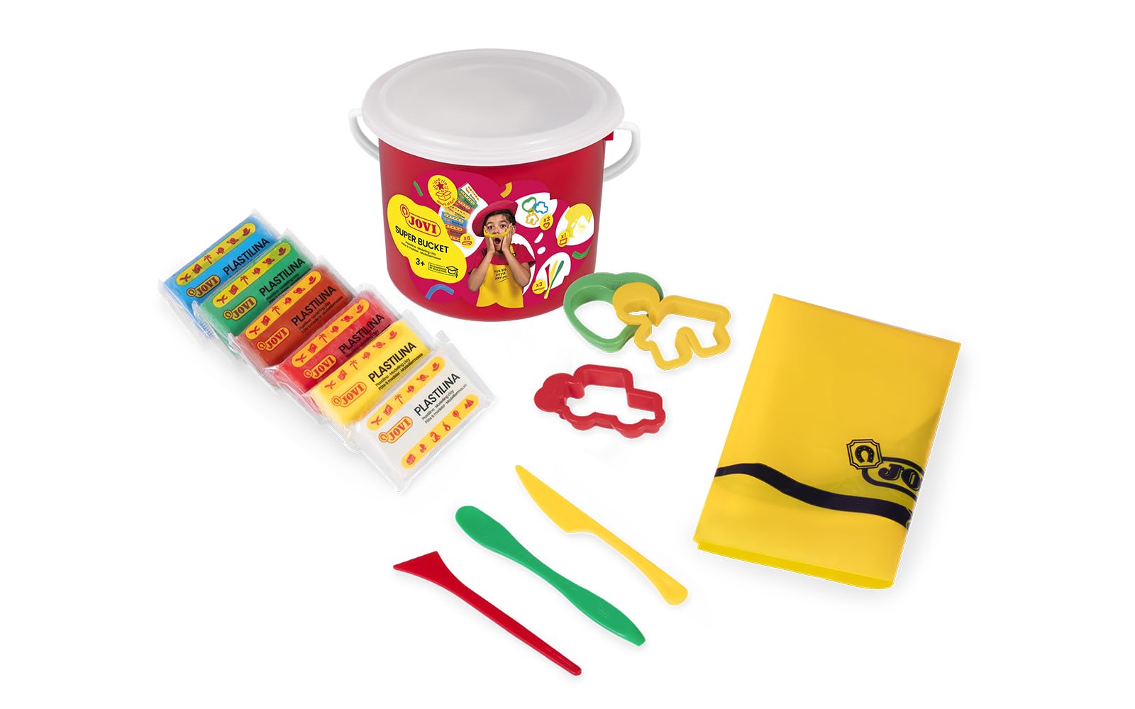 Jovi Plasticine Modelling Clay Set, Easy Mouldable Modelling Clay for Children Aged 3 and Above, Bucket with 6 Colours and Accessories