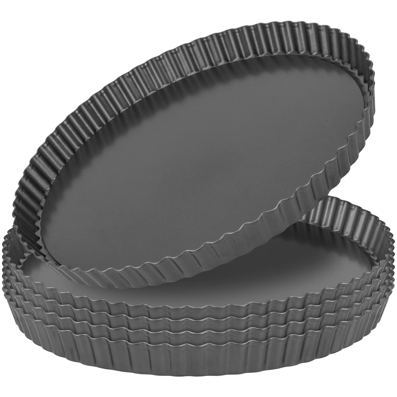 MUKLEI 5 PCS 30cm/12 Inches Tart Quiche Pan, Non-Stick Fluted Flan Tart Tin with Loose Base, Carbon Steel Round Fluted Flan Tin Loose Bottom Tart Pan for Pies, Cheesecakes