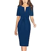 VFSHOW Womens Front Zipper Tie Waist Bow Short Sleeve Slim Fitted Work Business Office Party Bodycon Pencil Sheath Dress