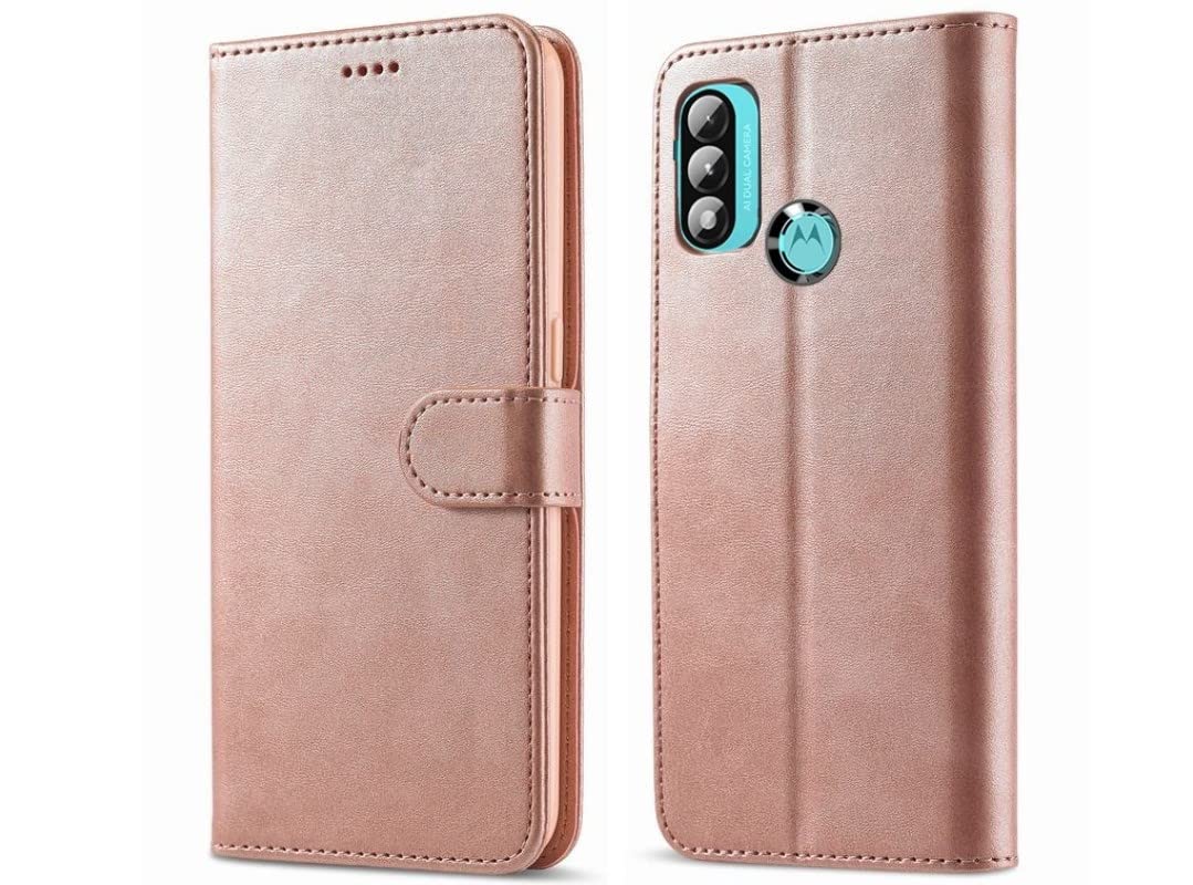 NWNK13 For Motorola Moto E20 / E30 / E40 Case Leather Wallet Book Flip Folio Stand View Magnetic Closure with Card Slots Cover for Moto E30 (Rose Gold)