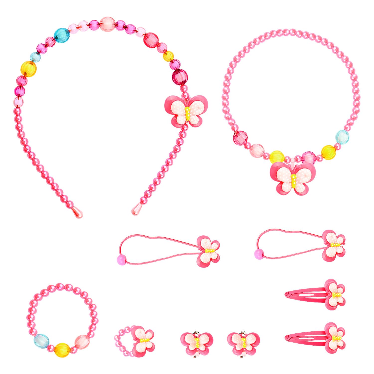 Wellrun 7pcs Colourful Butterfly Jewelry Set for Girls,Necklace Bracelet Ring Earrings Hair Clips,Rainbow Princess Costume Jewelry Dress Up Accessories for Play Party Favors,Birthday