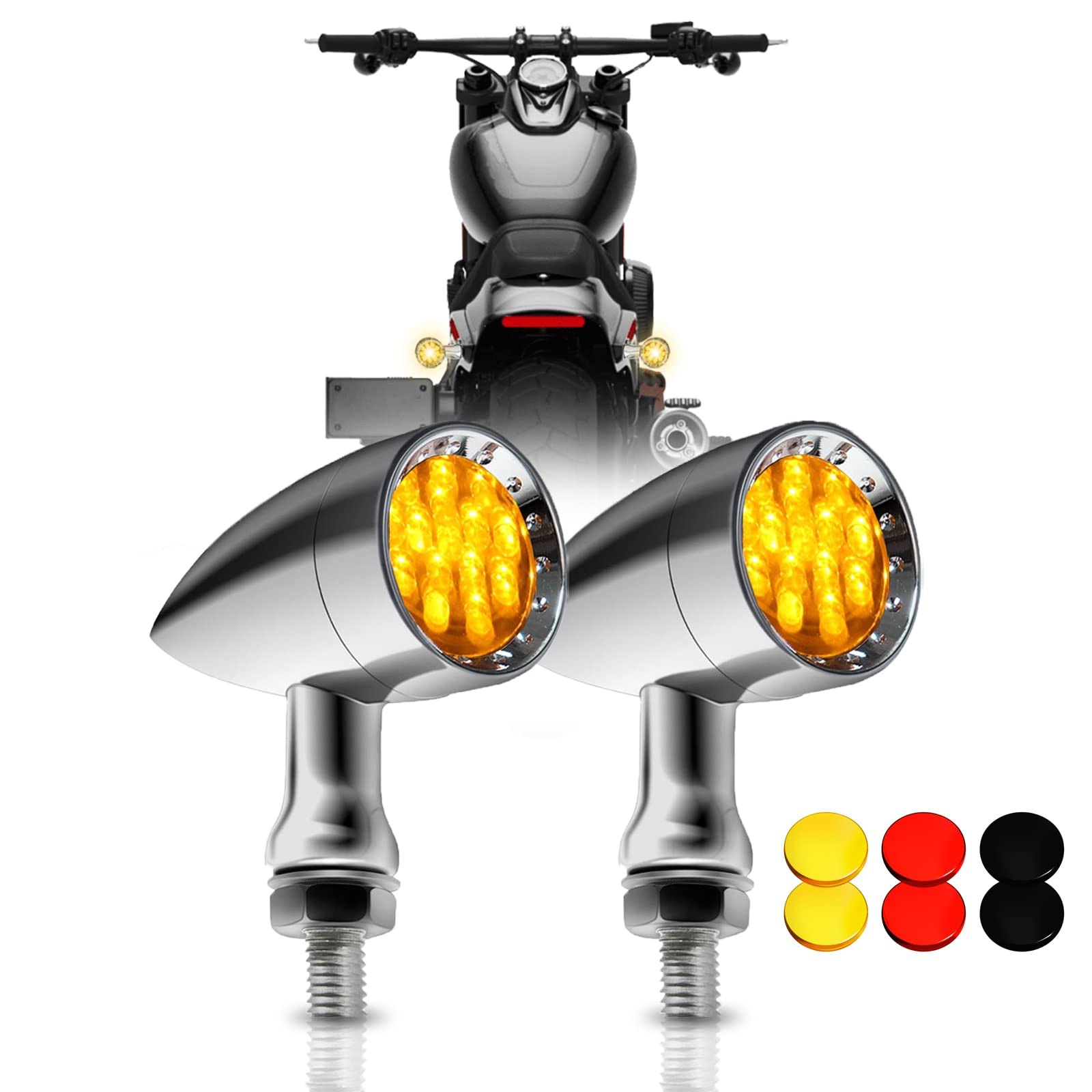 Photo 1 of DREAMIZER 2pcs Chrome Bullet 15 LEDs Motorcycle Turn Signal Lights Front and Rear Indicator Lamps Compatible for Harley Honda Yamaha Cruiser Softail Sportster StreetBike Chopper Bobber (Amber lens)