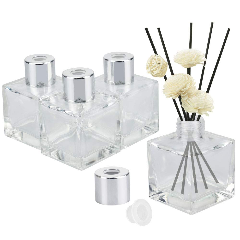 EMAGEREN 4 Pcs Glass Diffuser Bottles - 50Ml Square Diffuser Jars Empty Clear Glass Diffusers Refillable Diffusers Bottle for Essential Oil Fragrance, Aromatherapy DIY Home Use