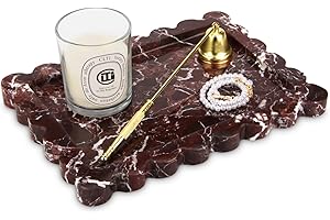 HESHIBI Scalloped Marble Decorative Tray,Luxury Natural Stone Bathroom Vanity Tray, Dresser Top Perfume Coffee Home Kitchen Toilet Sink Tray, Key Trinket Ring (Rosso Lepanto, 10.8 * 8)