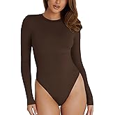 REORIA Women's Basic Crewneck Long Sleeve Tummy Control Thong Bodysuit Tops