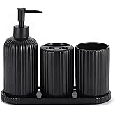Black Bathroom Accessories Set, 4PC Ceramic Bathroom Sets Complete-Toothbrush Holders, Soap Dispenser, Vanity Tray, Toothbrush Cup, Sleek Black Bathroom Decor, Housewarming Gifts