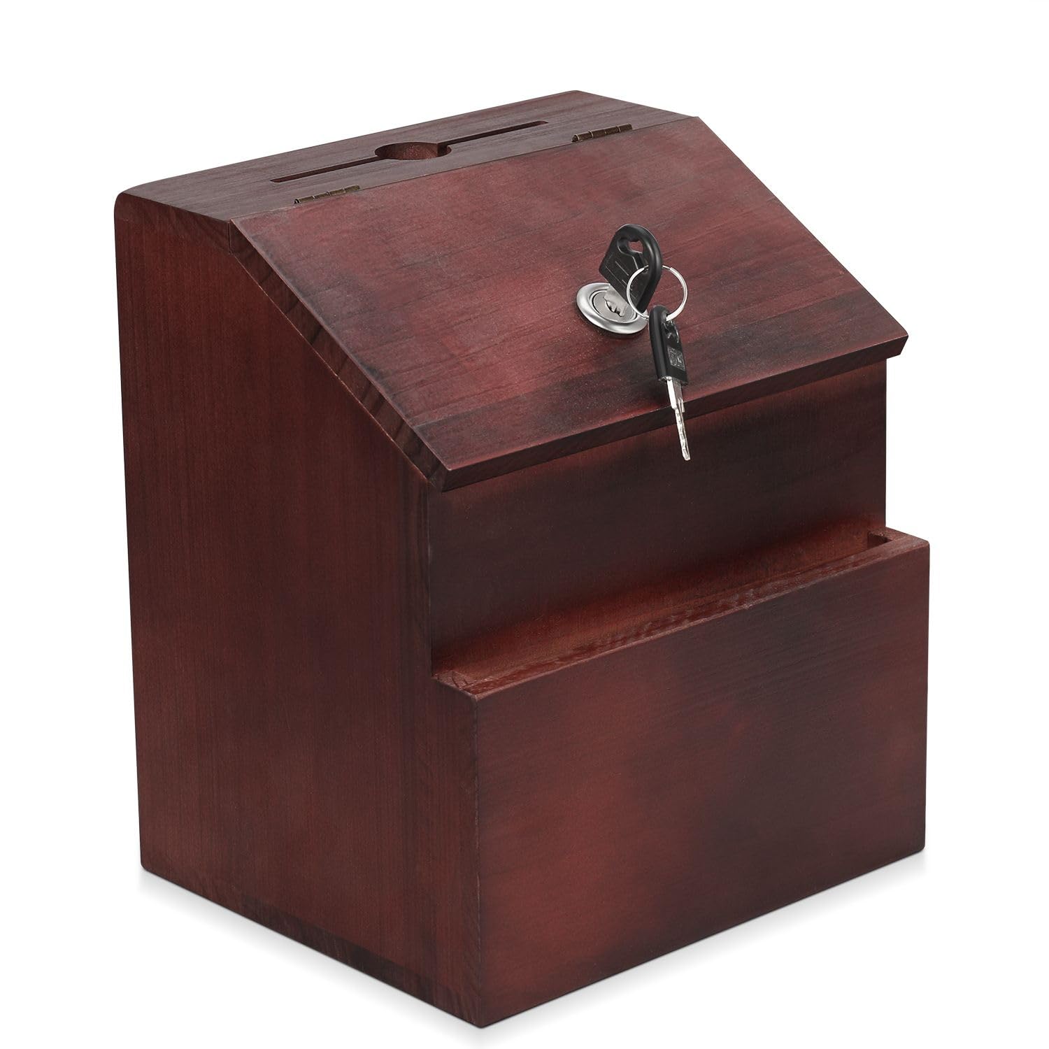 Flexzion Wooden Lockable Suggestion Box with Key Lock Lid, Red Mahogany Wall Mounted or Free Standing Locked Ballot Prayer Donation Comment Cash Tip Money Drop Box Includes Hardware, 2 Keys