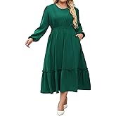 Hanna Nikole Women Plus Size Long Sleeve Casual Dress 2026 Spring V Neck Pleated Flowy Tiered Maxi Dresses with Pockets