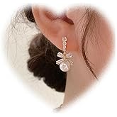 Crymystal Handmade Boho Crystal Bow Earrings for Women Vintage Pearl Drop Earrings Gold Square Cz Dangle Earrings Drop Bow Stud Earrings Jewelry for Girls Gifts