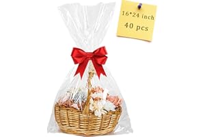 CUDICY 40pcs Cellophane Bags 16x24 Cellophane Wrap for Gift Baskets Large Clear Gift Bags Party Favors Bags Clear Treat Bags Plastic Gift Bags Packaging Bags for Cookie Candy Goodie