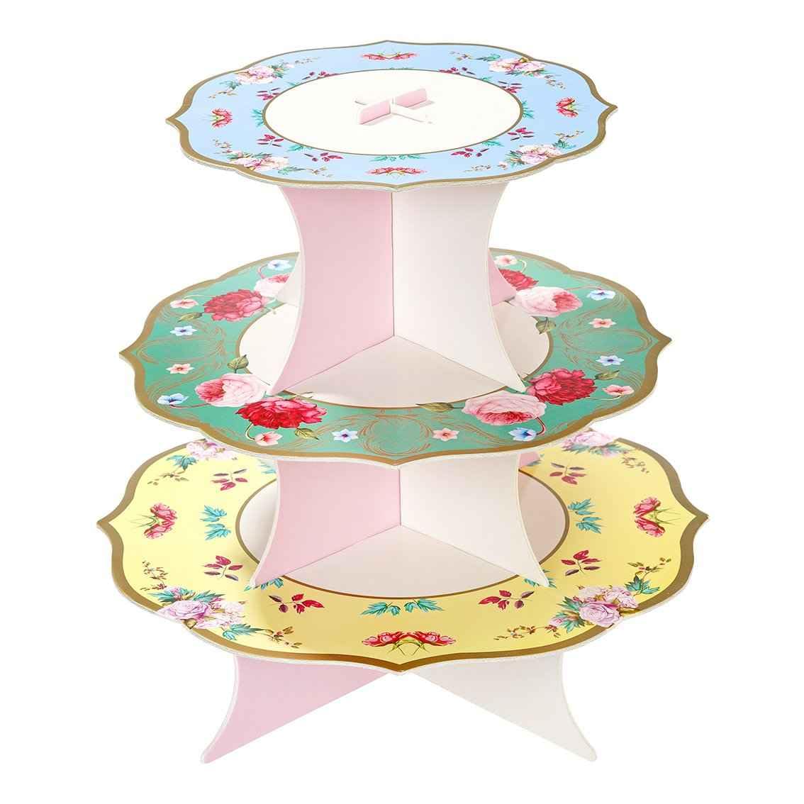 Talking Tables Reusable Floral 3 Tier Cake Stand for Mother's Day Serving Cupcakes and Sandwiches– Reversible Cake stand for Afternoon Tea Party Decorations for Weddings, Birthdays, Baby Showers