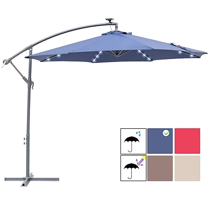 Sunbrano 10ft Solar Power Led Outdoor Cantilever Patio Umbrella Coffee 8 Ribs Offset Crank Hanging Umbrella