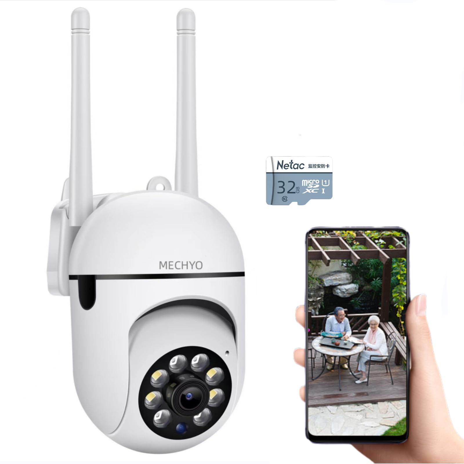 MECHYO 1080P Outdoor Security Cameras - 2.4GHz WiFi Cameras for Home Monitoring - 360° View - IP65 Waterproof Home Camera with Motion Detection,Full-Color Night Vision (Includes Memory Card)