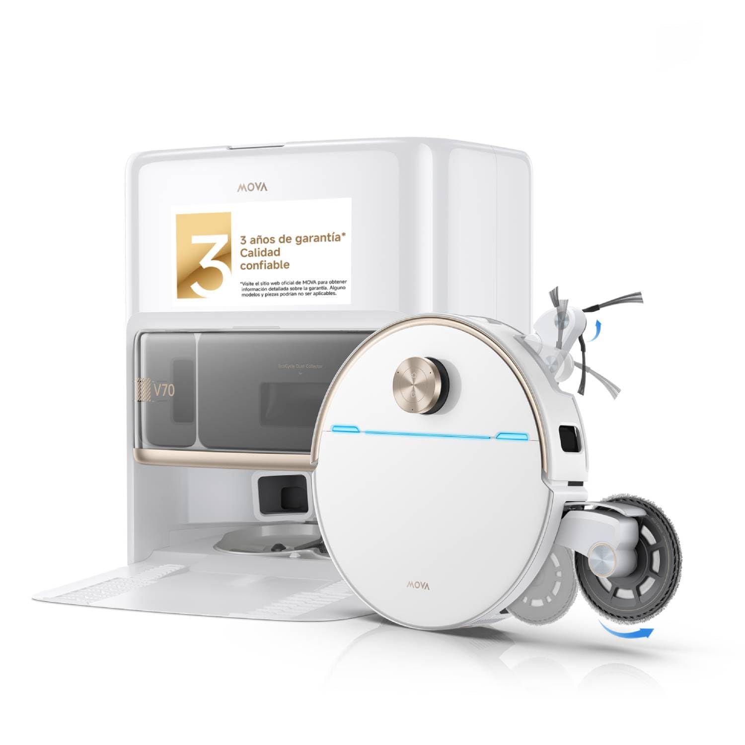 Mova V70 Ultra Complete Robot Aspirador, extensión MaxiReachX (Cepillo Lateral y mopa), 40000Pa succión, mopas con 15 N de presión y 300rpm, supera obstáculos de 9 cm, depósito de Polvo EcoCyclone