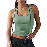 Fisoew Womens Square Neck Sleeveless Tank Top Built-in Bra Racerback Tank Fitted Y2K Basic Workout Crop Tops