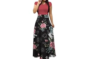 JPVDPA Maxi Dress for Women Short Sleeve Crewneck Party Dress Flowy Loose Floral Dress Casual Empire Waist Long Dress