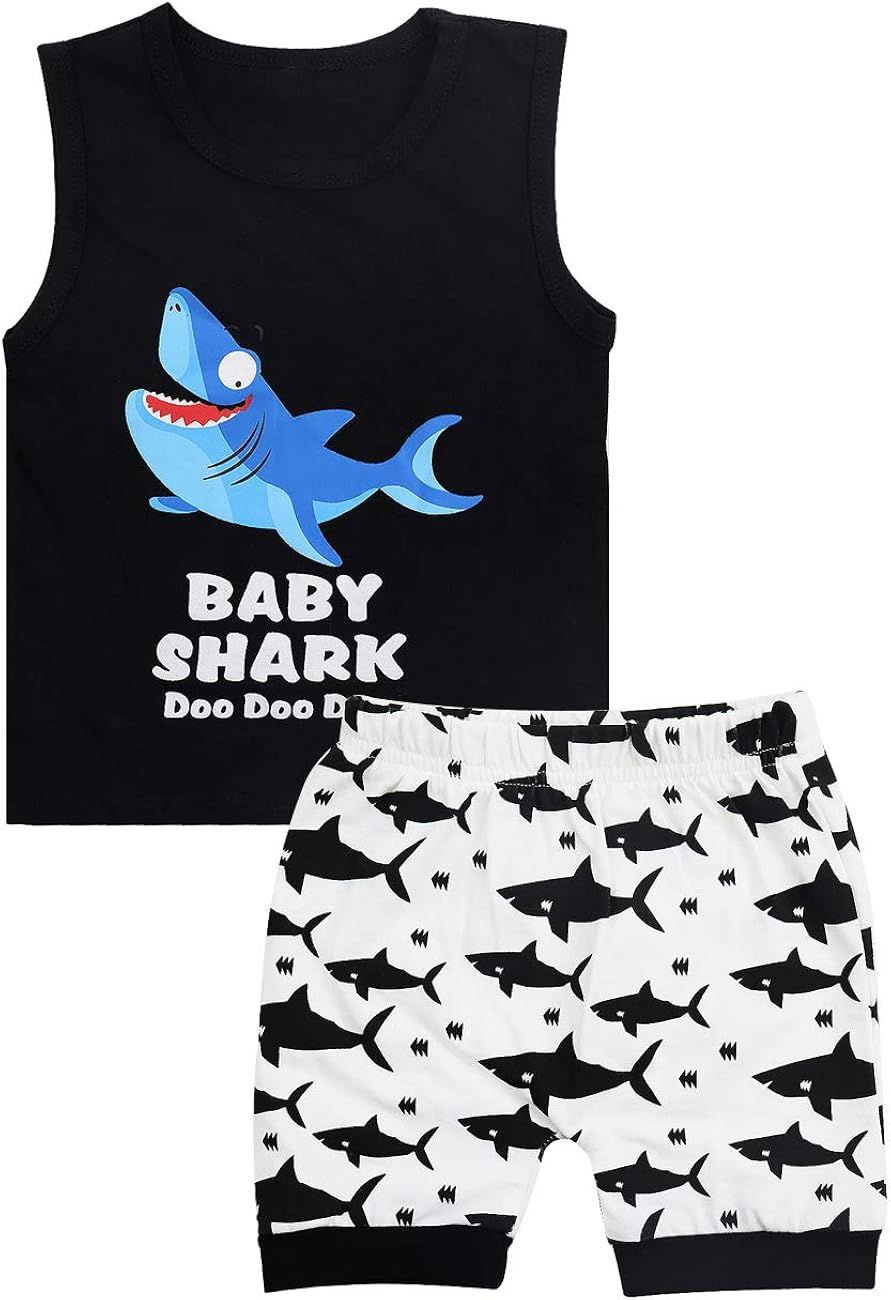 Baby Boy Clothes Shark and Doo Doo Doo Print Summer Cotton Sleeveless Outfits Set Tops + Short Pants