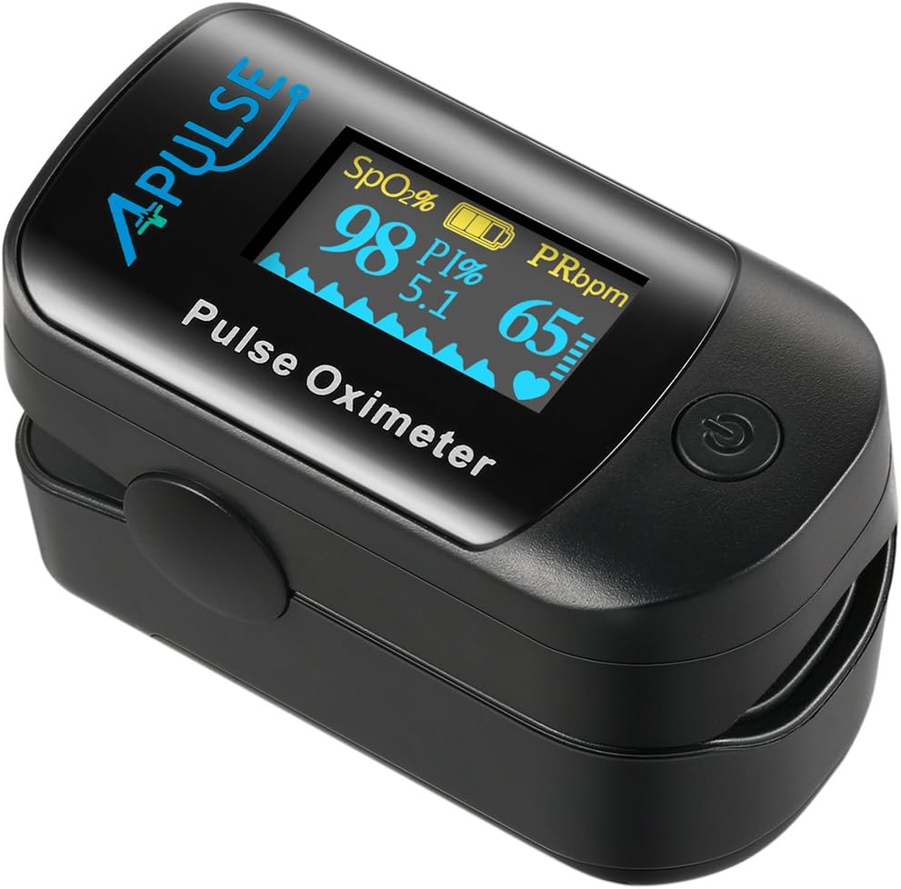Pulse Oximeter, APULZ Blood Oxygen Saturation Monitor with Alarm Function / Auto-Sleep for Family Health Care, Silicone Cover, Carrying Bag, Batteries & Lanyard Included