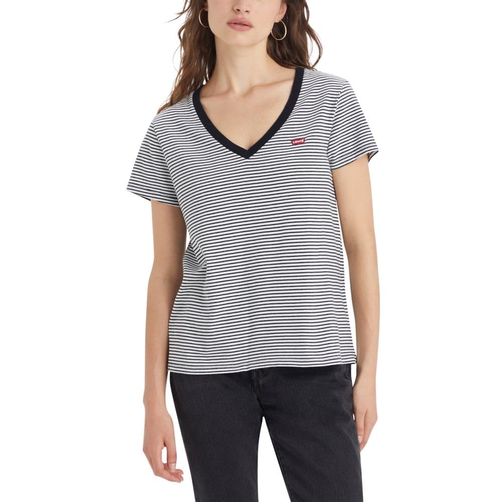 Photo 1 of Levi's Women's Perfect V-Neck T-Shirt, Annalise Stripe Cloud Dancer, X-Large, Standard
