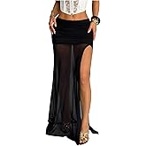 GORGLITTER Women's High Slit Mesh Long Skirt Goth Ruched See Through Sheer Sexy Skirts