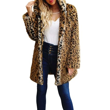 Geili Mäntel Damen Wintermantel Künstlicher Wollmantel Warme Leopard Muster Kunstpelz Wolljacke Frauen Übergrößen Kunstfell W