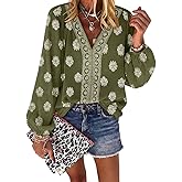 CHICME Women's Casual V Neck Blouse Floral Boho Summer Tops Lantern Sleeve Loose Fit Tunics Flowy Vacation Clothes