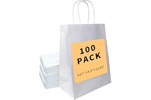 BAG BOX 100 Pack 8.25x4.3x10.6 Inch White Gift Bags with Handles,Bulk Kraft Paper Bags for Shopping, Retail, Merchandise, Wedding, Party Favors, Paper Grocery Sacks