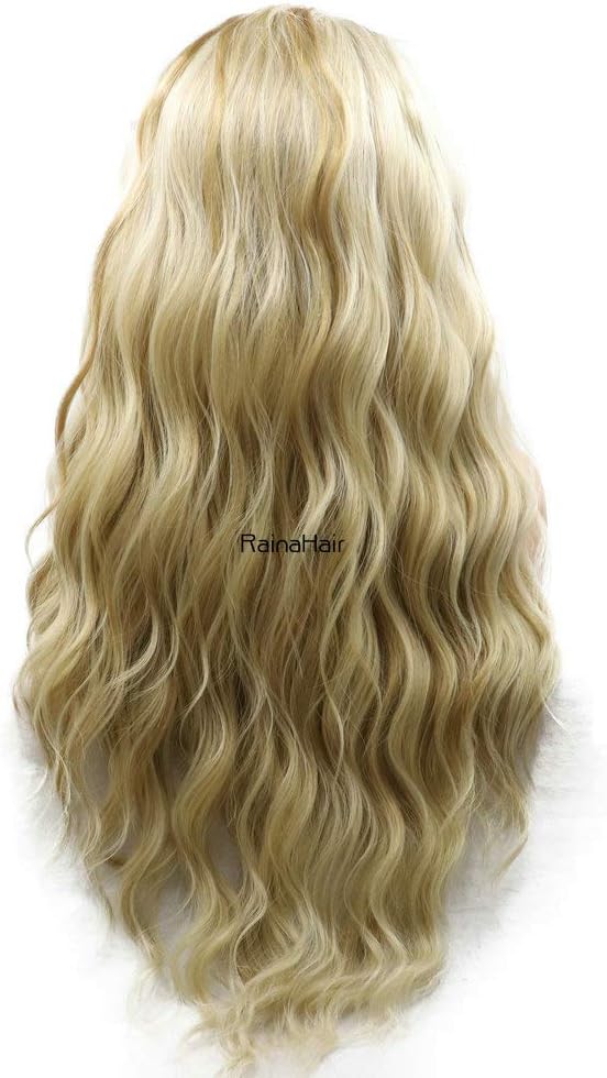 RainaHair 26inches Long Water Wave Lace Front Wig Natural Blonde Highlight Color with Light Brown Synthetic Wigs for Women Cosplay Party Middle Parting Hair - Image 5