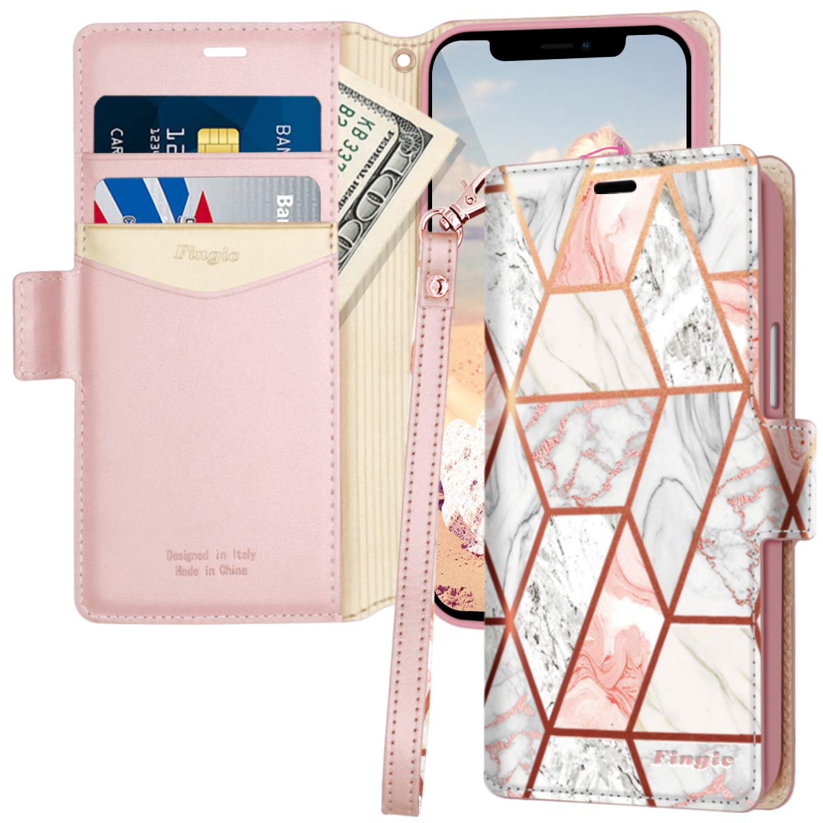 Fingic for iPhone 12 Pro Max Case Wallet[with 2 Card Holder Slot] Marble with Detachable Wrist Strap PU Leather Magnetic Closure Slim Fullbody Protective Flip Case for iPhone 12 Pro Max,6.7" 2020