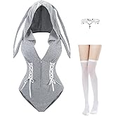 CR ROLECOS Bunny Costume Adult Women Grey Bunny Suit Cosplay Bodysuit Outfit with Hood