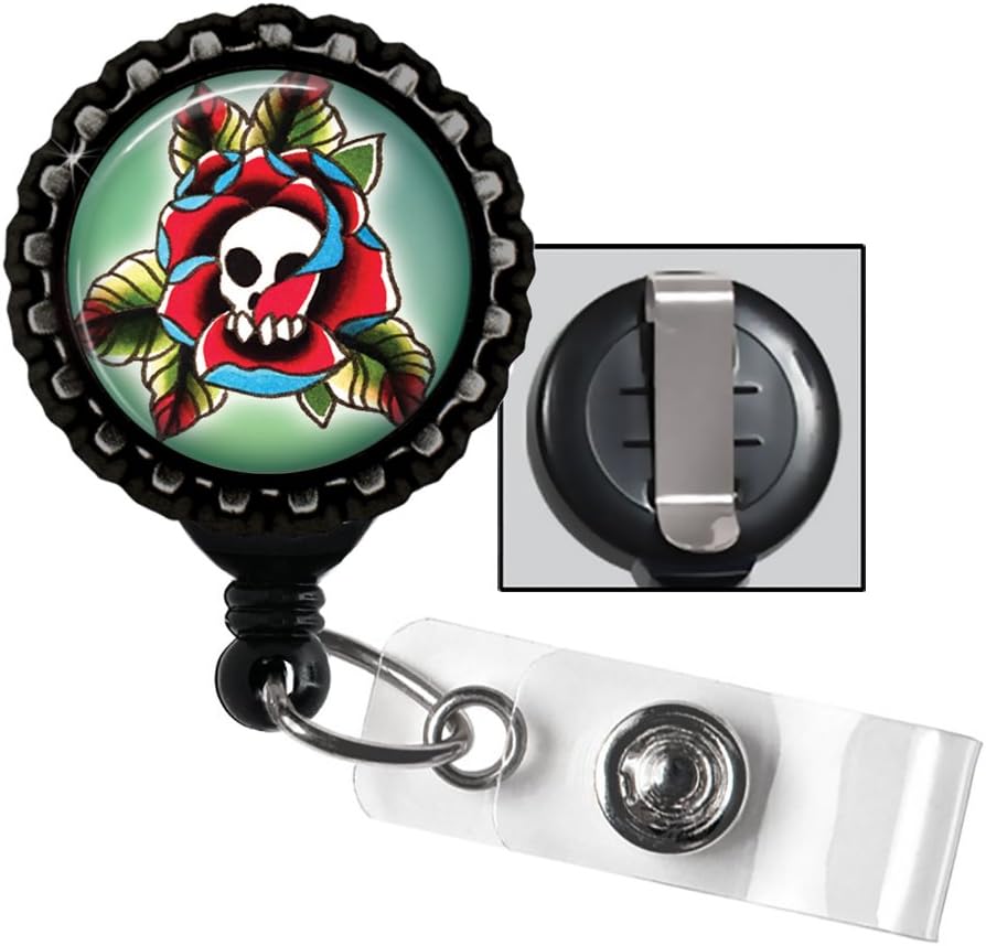 Tattoo Rose Skull Retractable Badge Reel