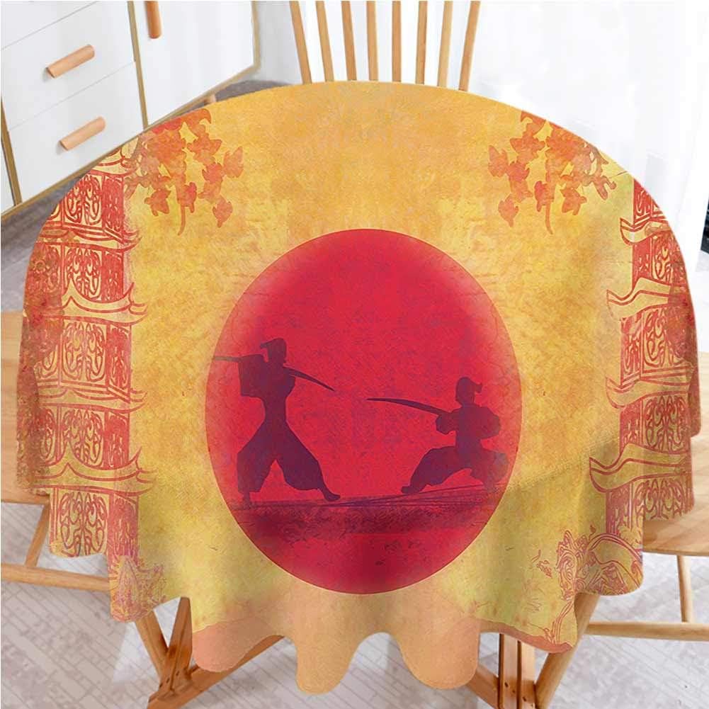 Japanese Waterproof Table Cloth Warrior Ninjas at Sunset Between s with Flowers Spiritual Theme Textured Tablecloths Mustard and Purple (Diameter 36")