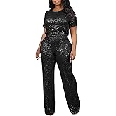 Sequin 2 Piece Outfit for Women Sparkle Wide Leg Pants Set Crew Neck Top Shiny Clubwear