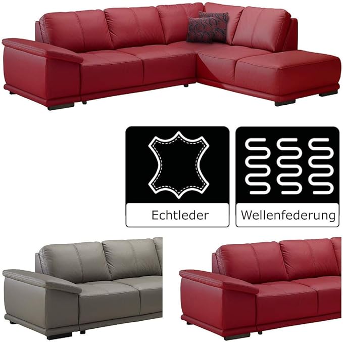 Cavadore Ecksofa mit Ottomane rechts / Rote Ledercouch im modernen
