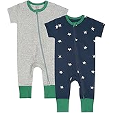 Teach Leanbh Baby Boys Girls 2 Pack 2 Way Zipper Footless Pajamas Cotton Short Sleeve Printing Romper Sleep and Play