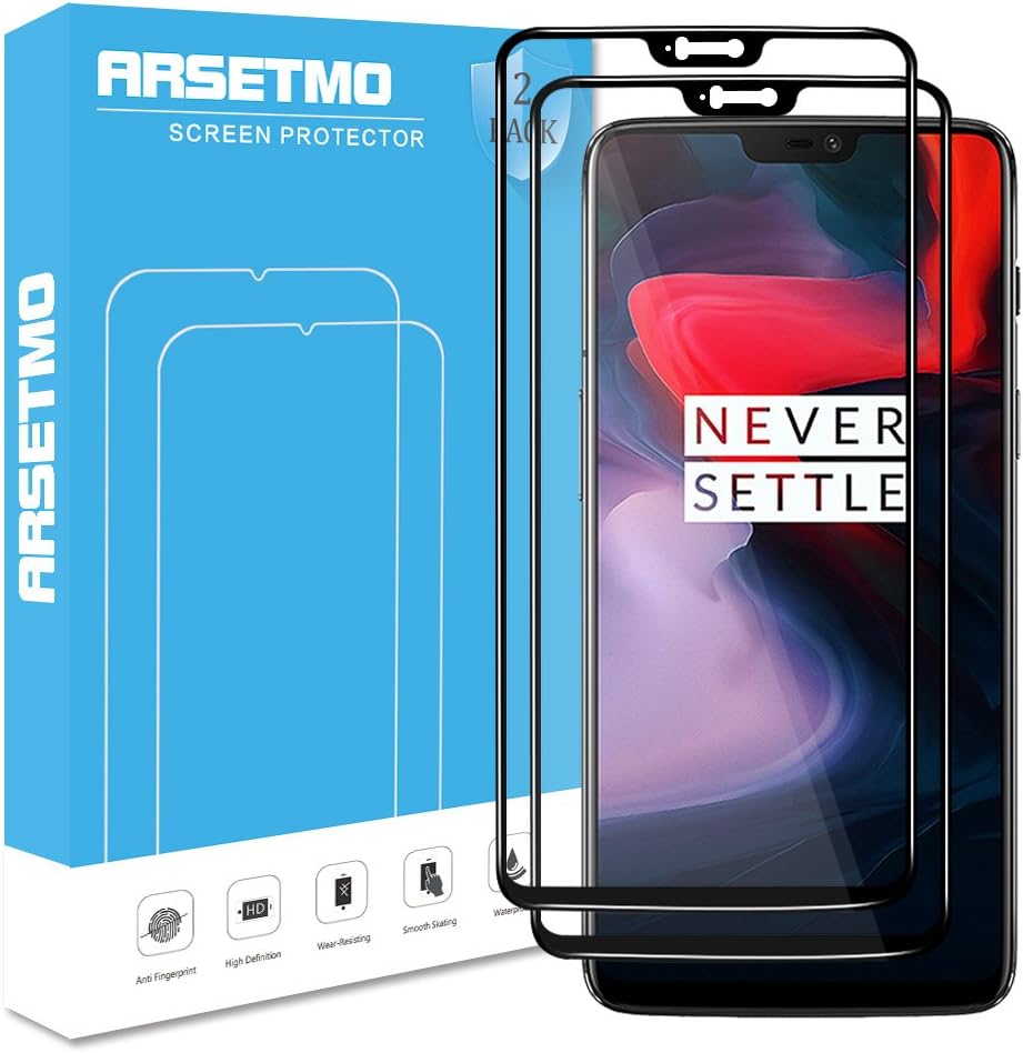 Oneplus 6 Screen Protector (2 Pack), Arsetmo [9H Hardness] [2.5D Curved Edge-Full Coverage] [HD Clear] [Scratch Free] Tempered Glass Screen Protector for Oneplus 6 (Black)