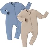 JunNeng 100% Cotton 2Pack Baby Boy Zipper Romper Long Sleeve Baby Pajamas with Mitten Cuffs One Piece 0-18 Months