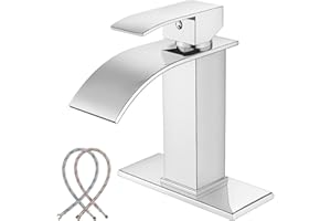 Midanya Waterfall Spout Bathroom Sink Faucet Polish Chrome Single Handle 1 Hole Deck Mount Basin Hot & Cold Water Mixer Tap with Deck Plate Lavatory Vanity Sink Faucet