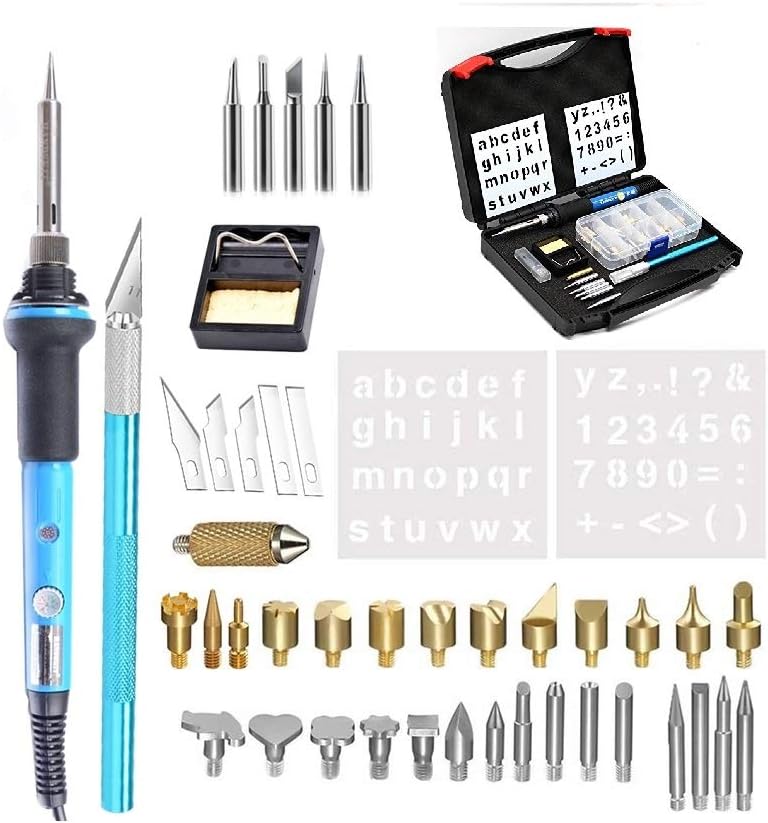amiciTools 40Pcs Wood/Leather Burning Soldering Iron Kit 60W Adjustable Temperature with Chiseled Tips, Blades, Pyrography Tools, Soldering Bits, Tool Bag
